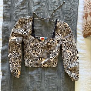FARM Rio for Anthropologie Black and Cream Geometric Top